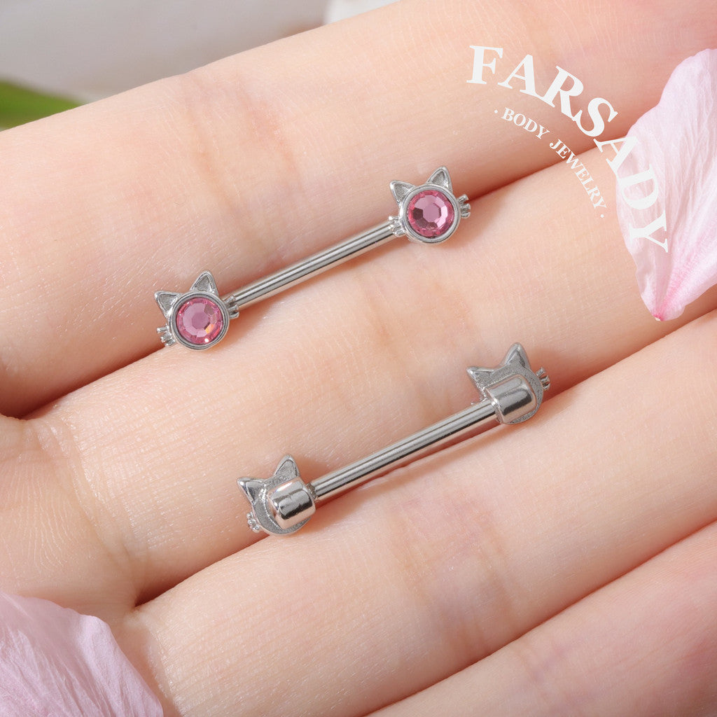 Pink Eyed Cat - 2PCS Pink CZ Straight Barbell / Fits 16G Chest Piercing Nose Bridge
