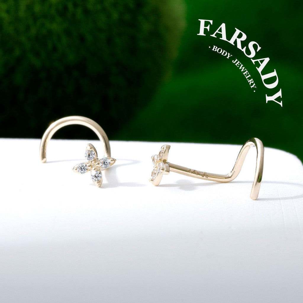 Daisy Duo - Solid 14K Gold Screw End Stud / Fit 20G Nostril Piercing