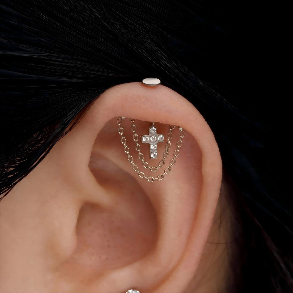 Layer Chain Cros - F136 Titanium Threadless Stud / Fits Vertical Helix Hidden Rook Earring