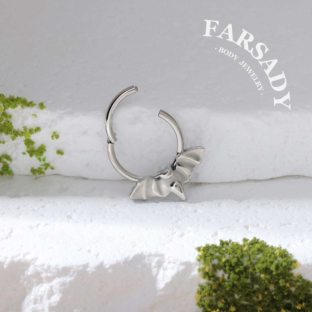 Bat Charm - F136 Titanium Hinged Clicker Hoop / Fits 16G Septum Ring Helix Conch Cartilage Earring