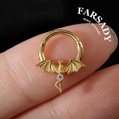 Winged Dagger - Dragon Wing CZ Hinged Clicker Hoop / Fits 16G Septum Ring Helix Conch Daith Earring