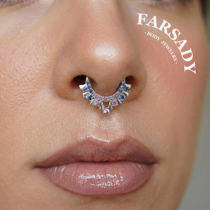 Dusk Fan - 925 Silver CZ Hinged Clicker Hoop / Fits 16G Septum Ring Helix Conch Daith Earring
