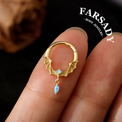 Frost Batwing - 925 Silver Hinged Clicker Hoop / Fits 16G Septum Ring Helix Conch Daith Earring