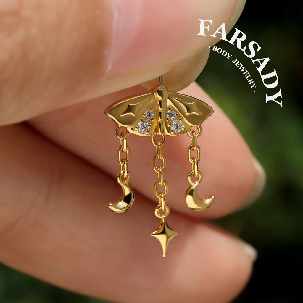 Lunar Moth - 925 Silver Threadless Stud / Fits Vertical Helix Hidden Rook Earring