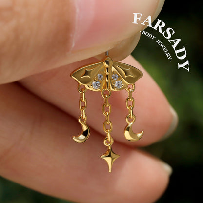 Lunar Moth - 925 Silver Threadless Stud / Fits Vertical Helix Hidden Rook Earring