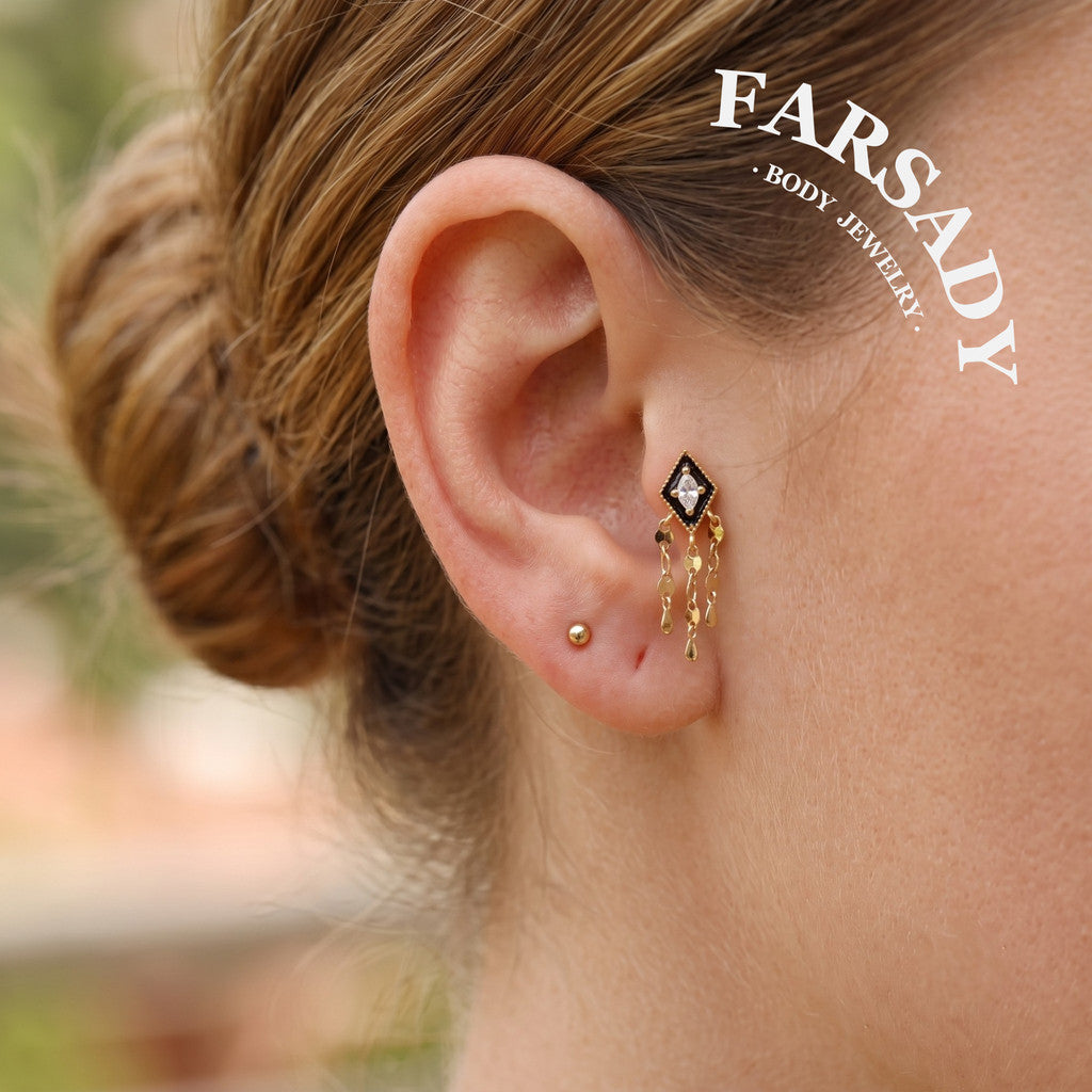 Obsidian Tassel - 925 Silver Threadless Stud / Fits Cartilage Helix Tragus Lobe Piercing