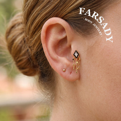 Obsidian Tassel - 925 Silver Threadless Stud / Fits Cartilage Helix Tragus Lobe Piercing