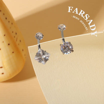 Square & Round Twin - F136 Titanium Internally Threaded Belly Button Ring / Fits 14G Navel Piercing