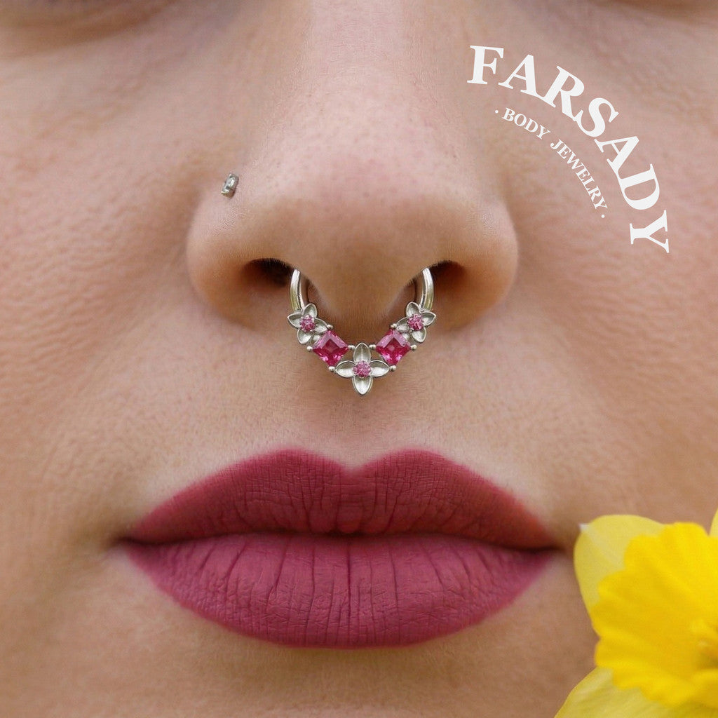 16G Steel Flower Septum Nose Ring, Silver Daith Hoop Earring, Original Design Hinged Septum Clicker, Helix Tragus Lobe Hoop Earrings 8mm