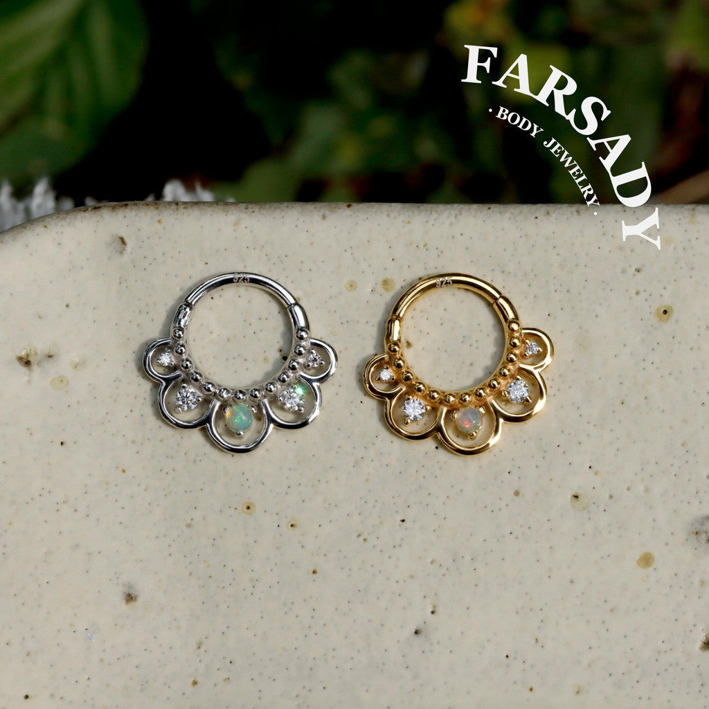 16G Nature Opal Flower Septum Ring,Real Opal Hinged Septum Clicker,925 Sterling Silver Plated 18k Gold,Gold Daith Earring Hoop,Helix Tragus Hoop