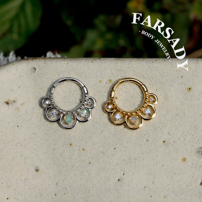 16G Nature Opal Flower Septum Ring,Real Opal Hinged Septum Clicker,925 Sterling Silver Plated 18k Gold,Gold Daith Earring Hoop,Helix Tragus Hoop
