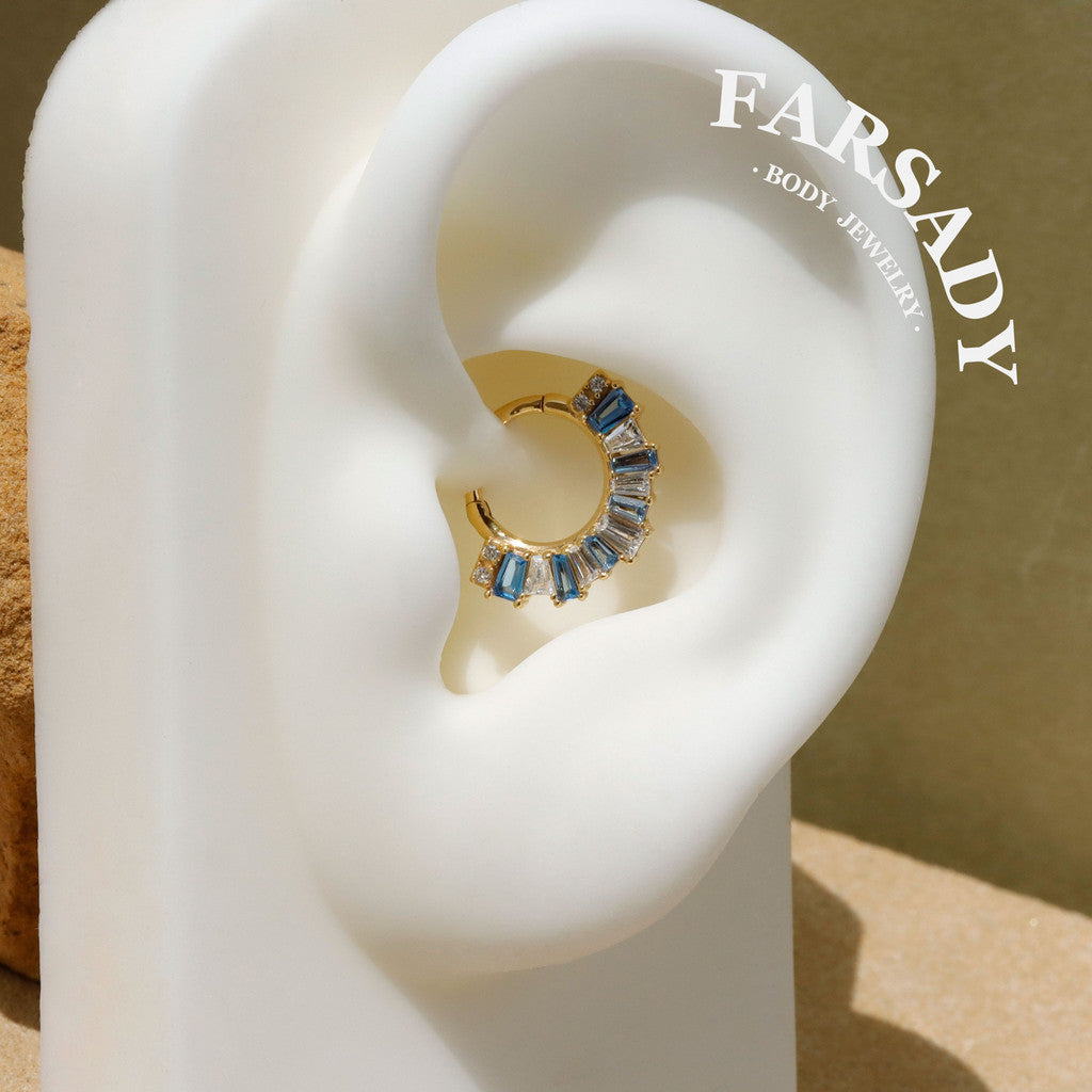 Sterling Silver Septum Ring 16G, Orginal Design Daith Piercing Blue CZ Earrings Hoop, Unique Septum Clicker Gold, 18K Plated Helix, Tragus Jewelry