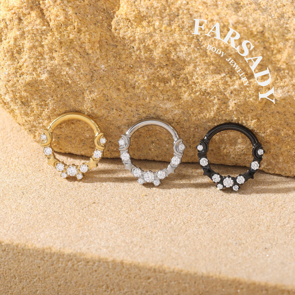Lunar Constellation - F136 Titanium Hinged Clicker Hoop / Fits 16G Septum Ring Helix Conch Cartilage Earring