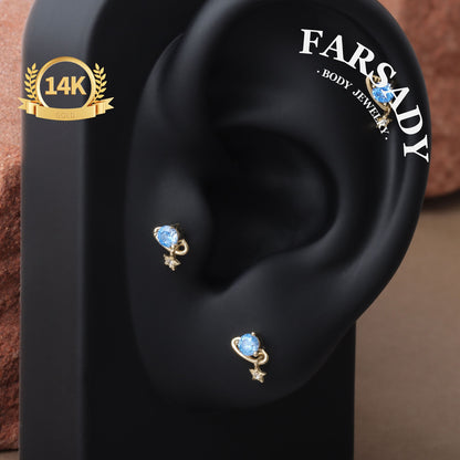 Aquamarine Planet - Solid 14K Gold Internally Threaded Stud / Fits Cartilage Helix Tragus Lobe Piercing