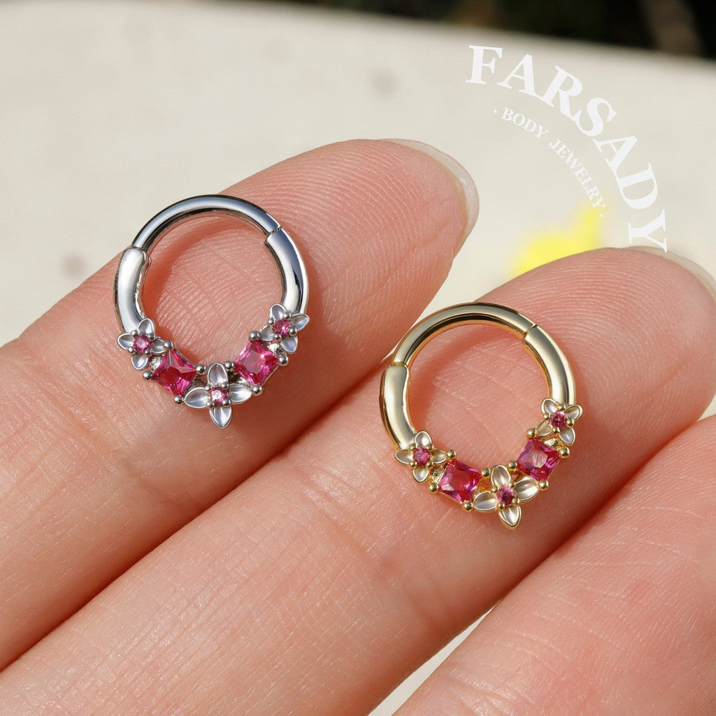 16G Steel Flower Septum Nose Ring, Silver Daith Hoop Earring, Original Design Hinged Septum Clicker, Helix Tragus Lobe Hoop Earrings 8mm