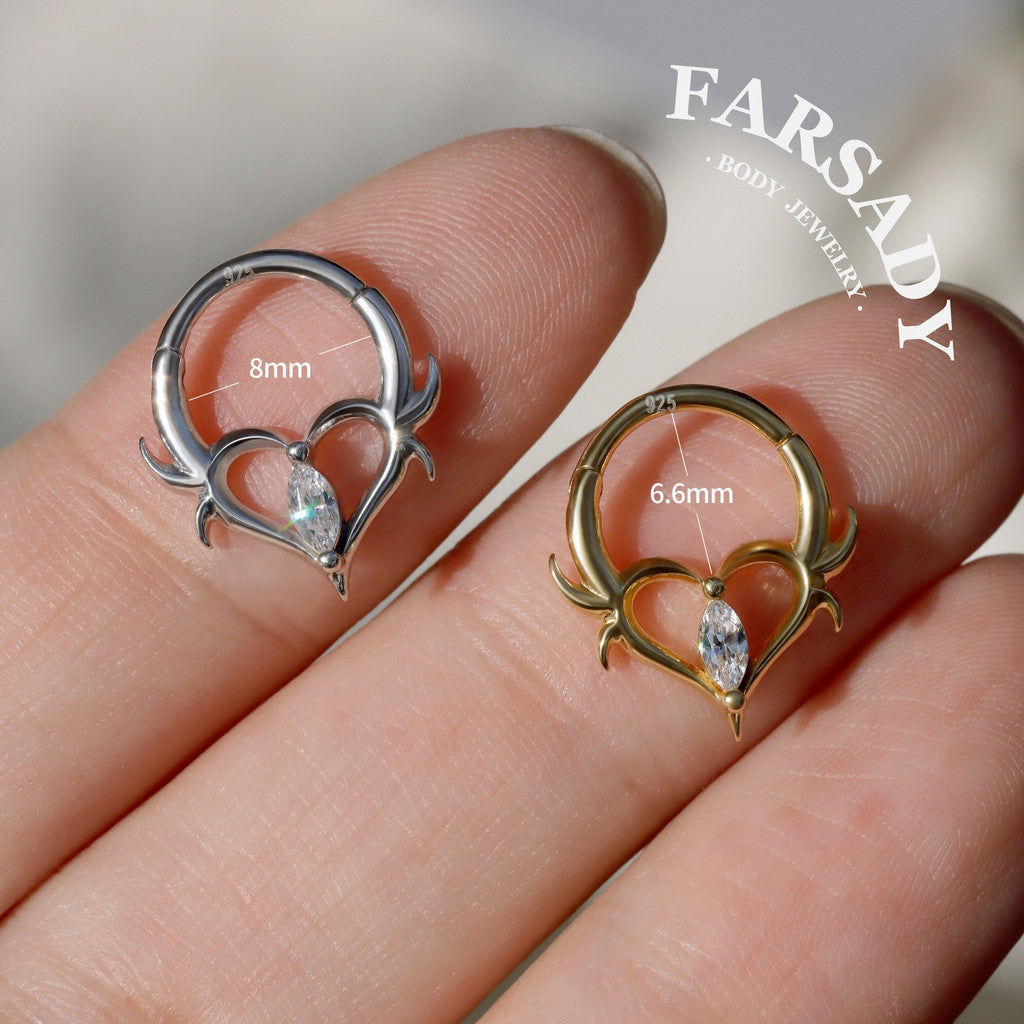 16G Thorn Heart CZ Clicker Daith Earring: Sterling Silver Plated 18K Gold, Alt Fashion Septum Ring, Sharp Spike Helix Tragus Hoop Jewelry