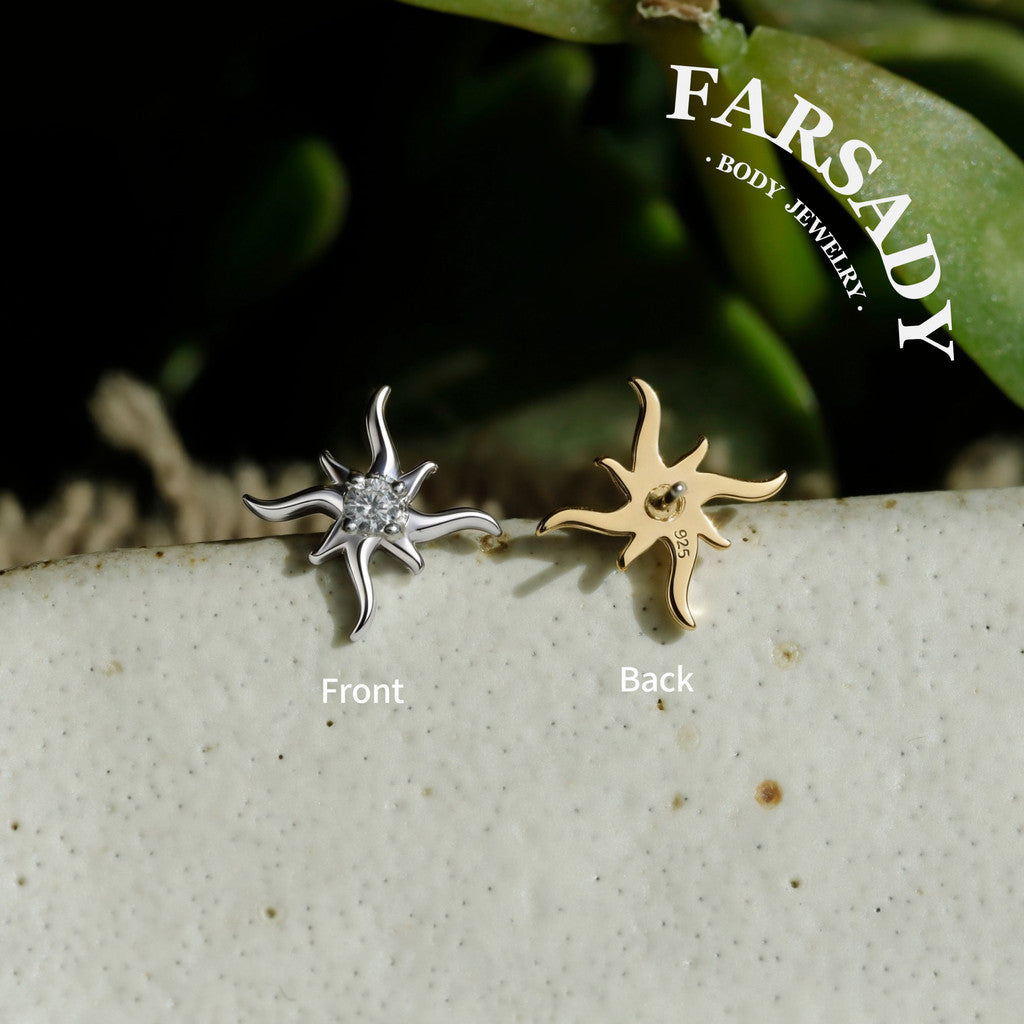 Sterling Silver Mini Sun Threadless Push In Tragus Stud,  S925 Cartilage Stud, Flat Back Titanium Post, Design Flower Helix/ Lobe/ Lip Earring