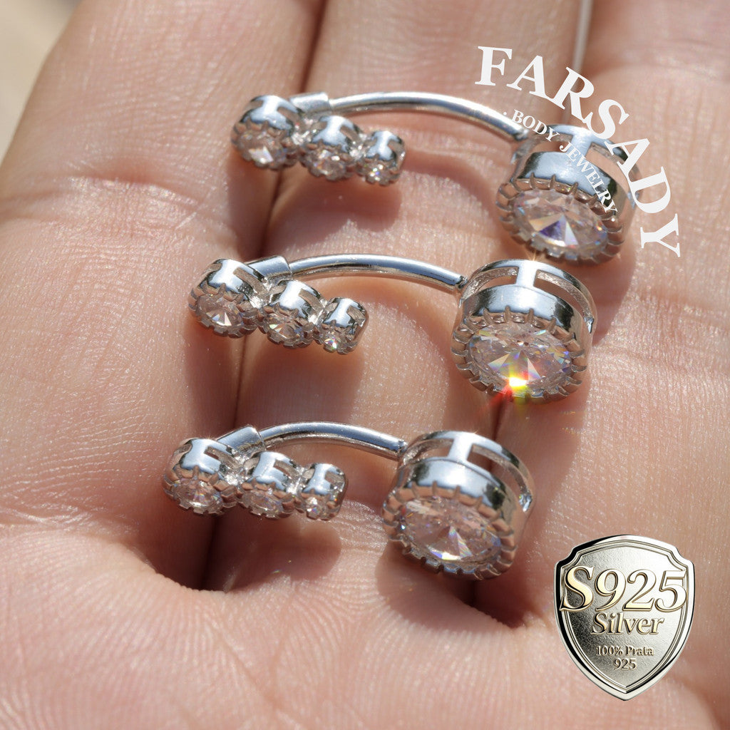 14G Sterling Silver Triple CZ Belly Button Ring - S925 Clear CZ 8mm 10mm 12mm  Navel Body Piercing Jewelry - Non Healed Piercing Friendly Body Jewelry