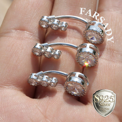 14G Sterling Silver Triple CZ Belly Button Ring - S925 Clear CZ 8mm 10mm 12mm  Navel Body Piercing Jewelry - Non Healed Piercing Friendly Body Jewelry