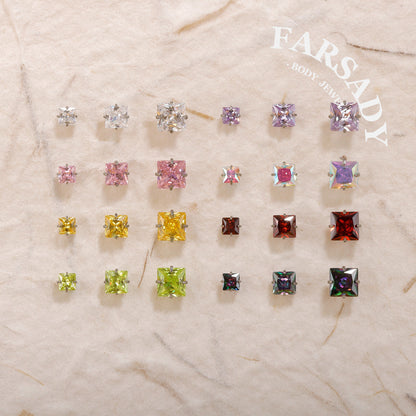 Titanium Push Pin Top with Square 5A Cubic Zirconia in 3/4/5mm| Fits 16G/18G/20G Threadless Base| helix tragus conch nose lip flat back stud