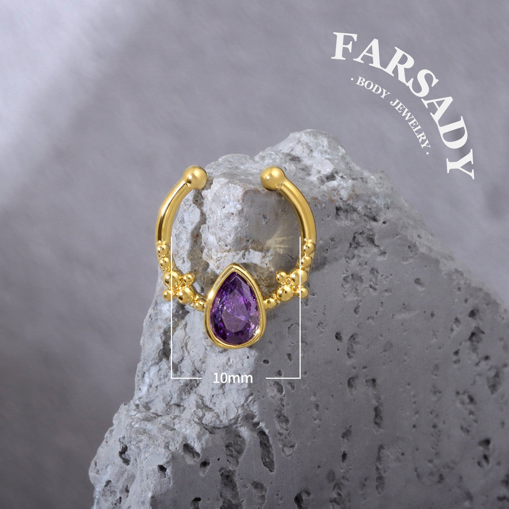 Amethyst Droplet Arc - 316L Fake Nose Ring C-Hoop Piercing / Fit Non-Pierced Septum Ring