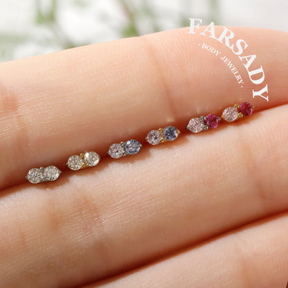 Vertical Twin Gem - F136 Titanium Internally Threaded Stud / Fits Cartilage Helix Tragus Lobe Nostril Piercing
