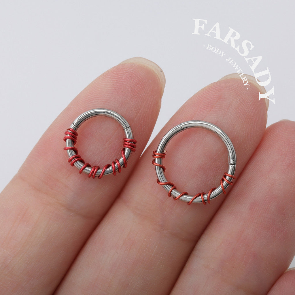 Scarlet Coil - Red Wire Spike Hinged Clicker Hoop / Fits 16G Septum Ring Helix Conch Cartilage Earring