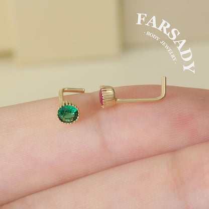 Multi-Color CZ - Solid 14K Gold L-Shape Stud / Fit 20G Nostril Piercing
