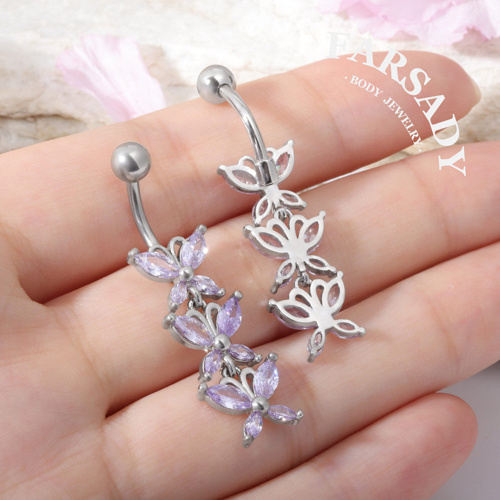Lavender Butterfly Drift - 316L Purple CZ Belly Button Ring / Fits 14G Navel Piercing