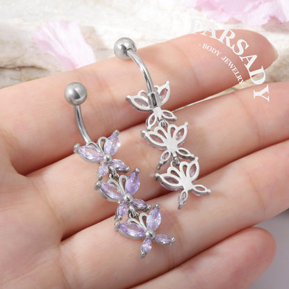 Lavender Butterfly Drift - 316L Purple CZ Belly Button Ring / Fits 14G Navel Piercing