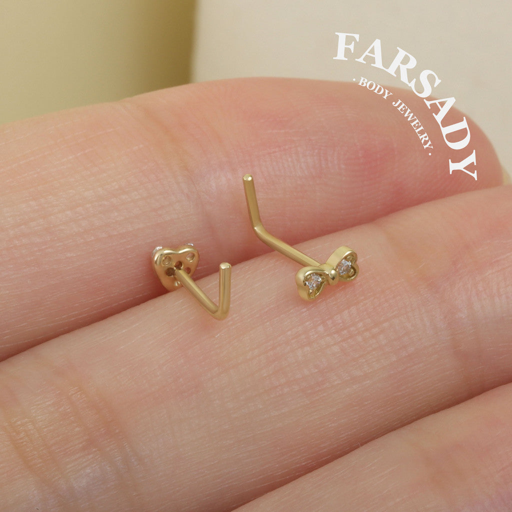 Minimal Heart & Bow CZ - Solid 14K Gold L-Shape Stud / Fit 20G Nostril Piercing