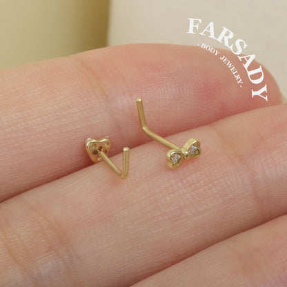 Minimal Heart & Bow CZ - Solid 14K Gold L-Shape Stud / Fit 20G Nostril Piercing