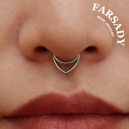 16G Titanium Stacked Septum Ring / Double Septum Clicker / Layered Septum Piercing / Silvery Hinged Septum Hoop / Double Septum Body Jewelry