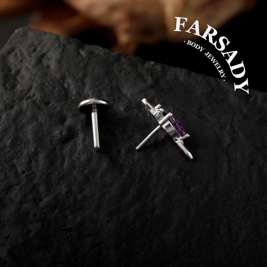 Mystic Amethyst Blade - Sterling Silver Push In Stud / Fits Cartilage Helix Tragus Earring  Nose Stud / Threadless Flat Back Piercing, Hypoallergenic Jewelry for Sensitive Skin
