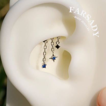 Solid 925 Sterling Silver Helix Chain Earring, 18K Gold Plated Blue CZ Star Dangle, Threadless Push In Hidden Rook Stud Piercing Jewelry