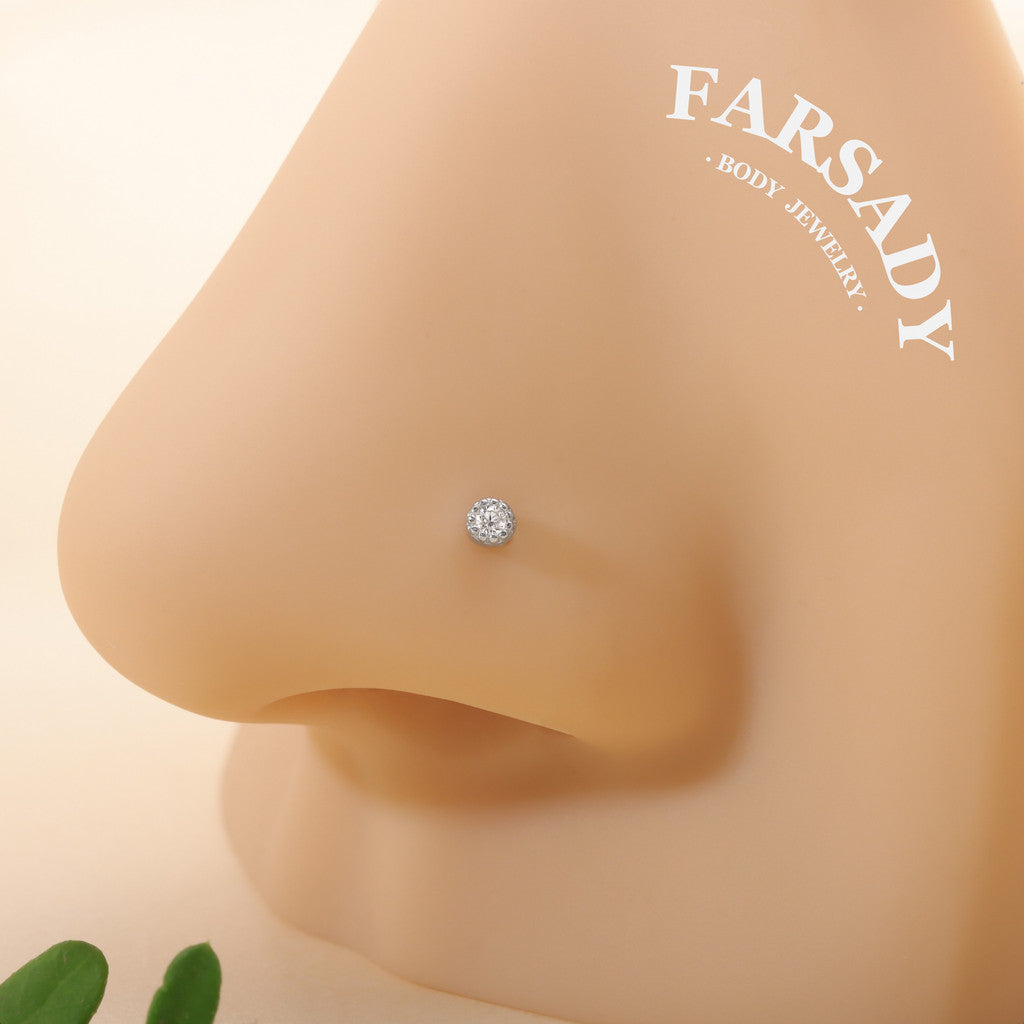 Colored Bezel Round CZ - 925 Silver L-Shape Stud / Fit 20G Nose Piercing
