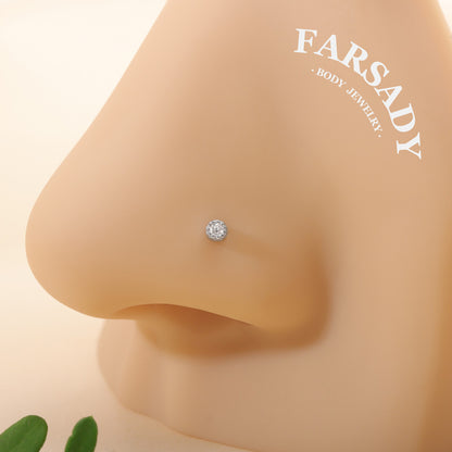 Colored Bezel Round CZ - 925 Silver L-Shape Stud / Fit 20G Nose Piercing