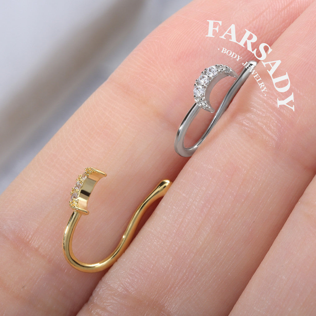 Paved CZ Crescent Moon - 925 Silver Fake Nose Ring / Fit Non-Pierced Nose Ring