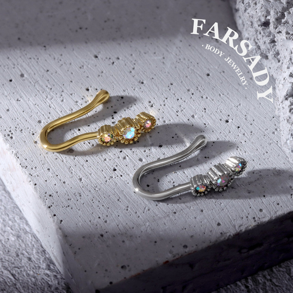 Three Bezel AB CZ Hook - 925 Silver Fake Nose Ring / Fit Non-Pierced Nose Ring