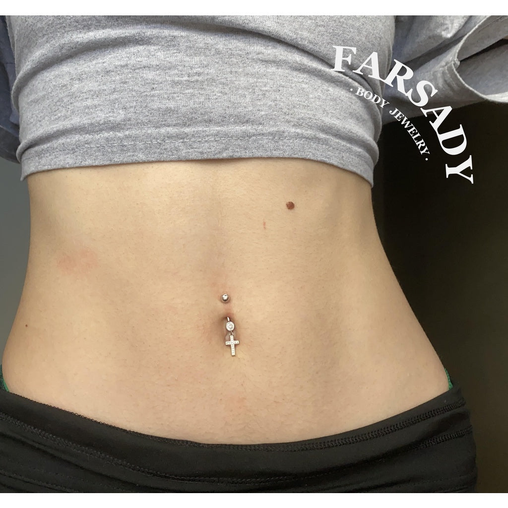 Cross Dew Pendant - 925 Silver Clear CZ Belly Button Ring / Fits 14G Navel Piercing