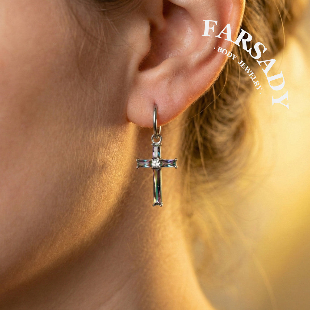 Rainbow Mystic Cross - F136 Titanium CZ Dangle Charm / Interchangeable Hoop Earring Pendant for Helix Daith Cartilage Piercing