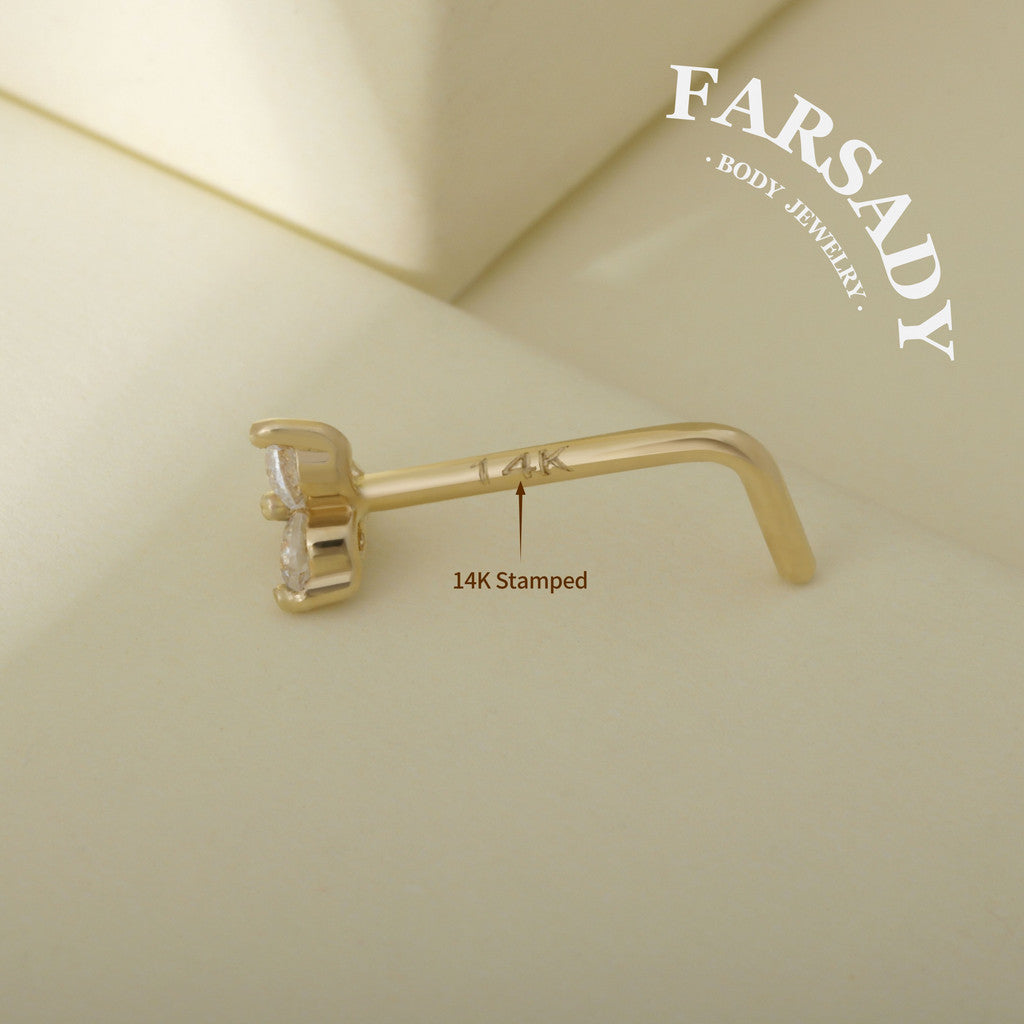 Snow Floret - Solid 14K Gold L-Shape Stud / Fit 20G Nostril Piercing