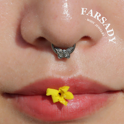 Etch Butterfly - ASTM F136 Titanium Hinged Clicker Hoop / Fits 16G Septum Ring Helix Conch Cartilage Earring