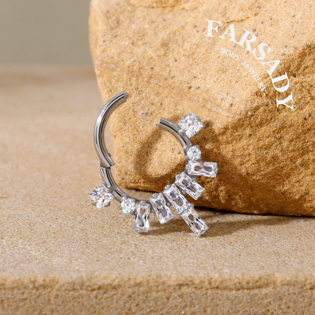 Crystal Crest - F136 Titanium Hinged Clicker Hoop / Fits 16G Septum Ring Helix Conch Cartilage Earring