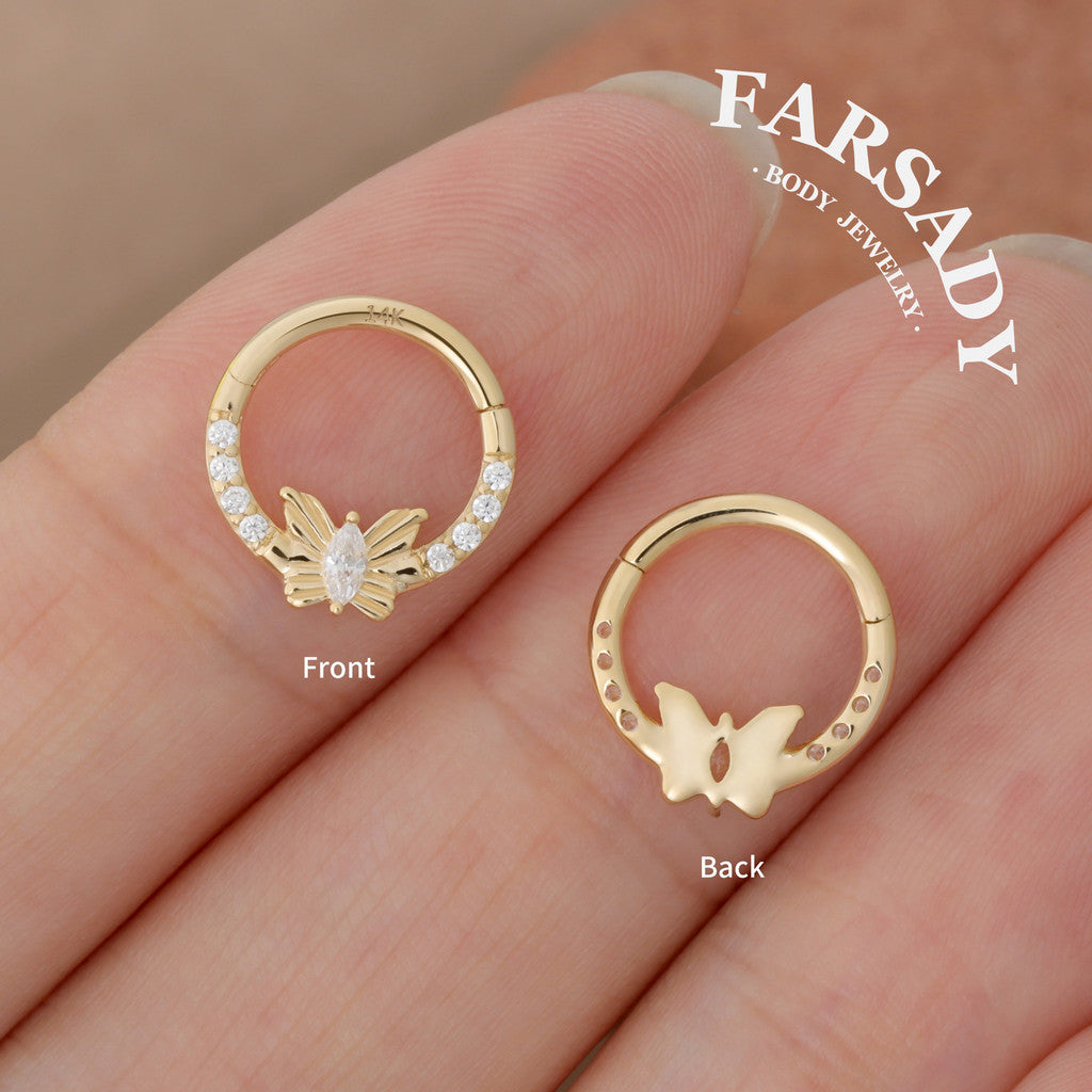 Butterfly Gleam - Solid 14K Gold Hinged Clicker Hoop / Fits 16G Septum Ring Helix Conch Cartilage Earring