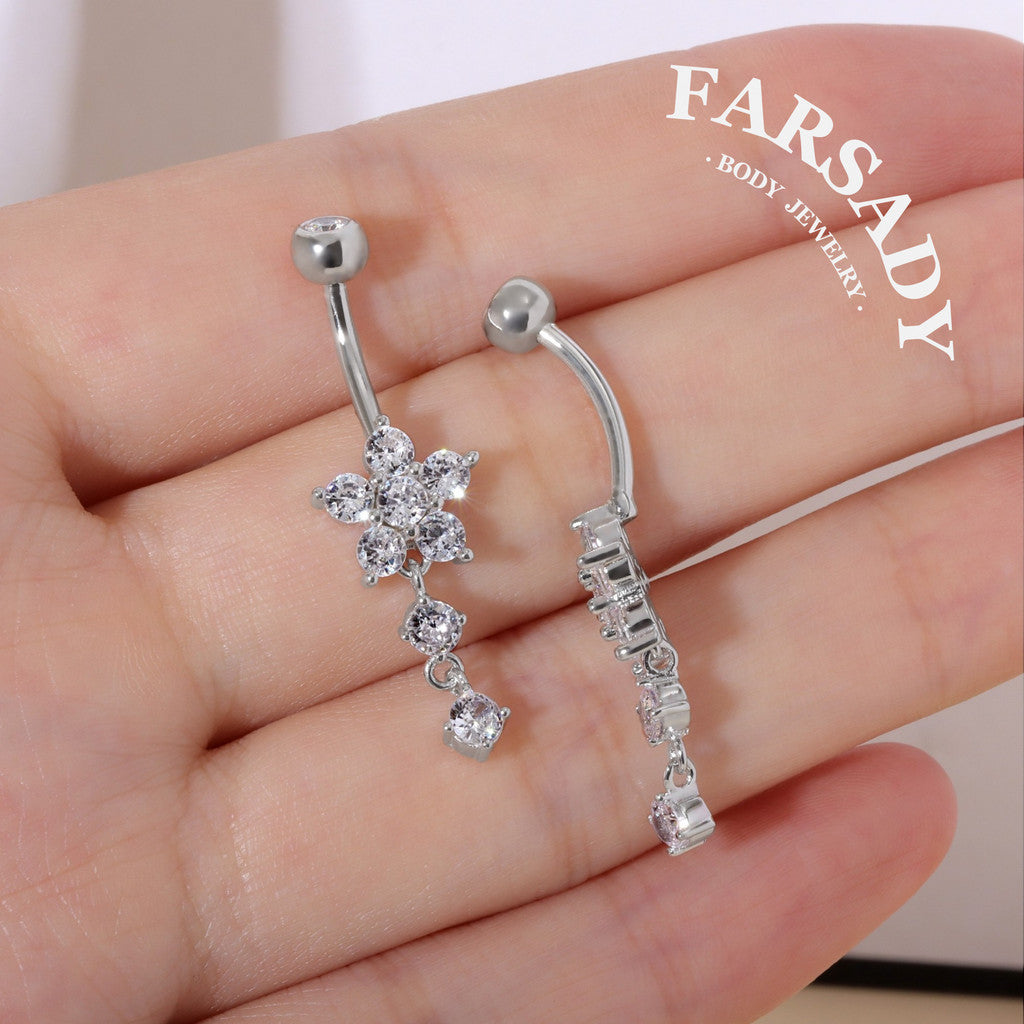 Snowflake Dew Trail - 925 Silver Clear CZ Belly Button Ring / Fits 14G Navel Piercing
