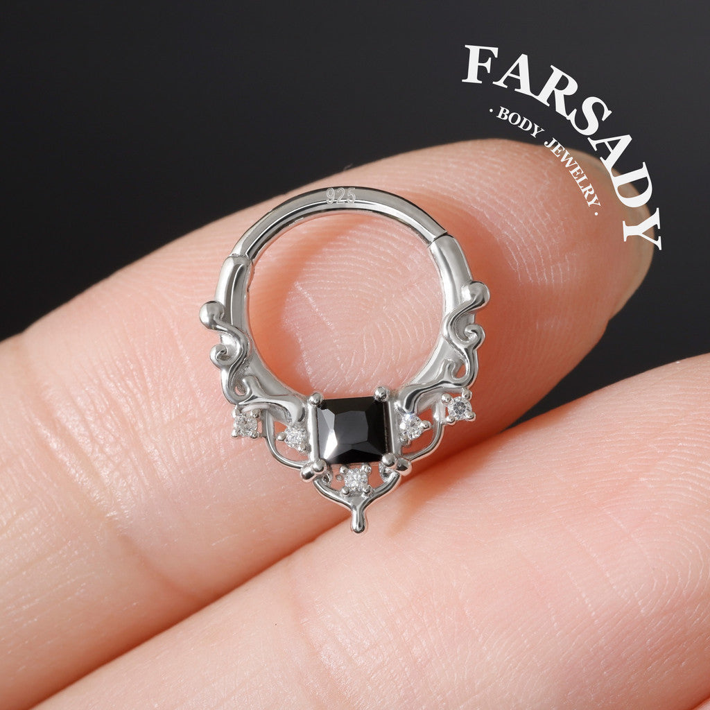 Black CZ Byzantine Design Septum - 925 Sterling Silver Septum Ring| Hinged Segment Clicker| Nose/Helix/Daith/Lobe Clicker | Gold or Silver
