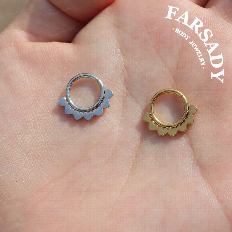 FARSADY Body Jewelry 16G Stainless Steel Love Heart Septum Ring, 8mm 10mm Silver CZ Helix Hoop Earring, Gold Conch Ring Clicker, Hinged Earrings Piercing Jewelry