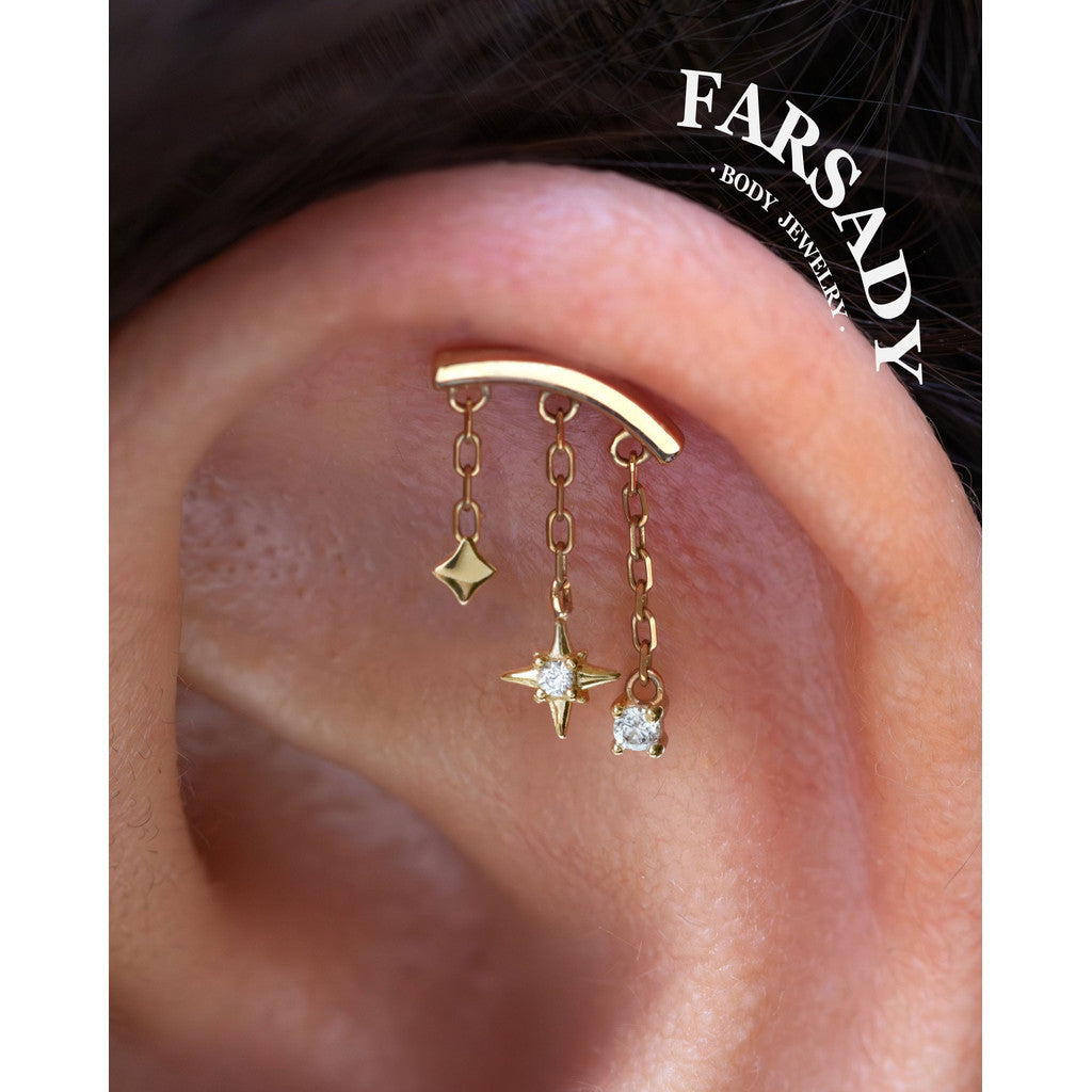 Designed for vertical helix piercings/ 925 Silver Helix Chain Earring 18K Plated/ Star Dangle Earring/ Threadless Push In Hidden Rook Stud