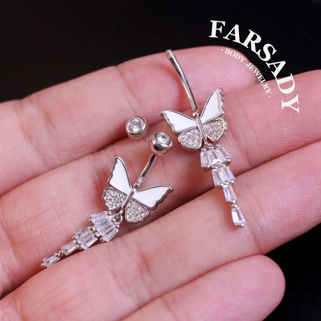 14G Sterling Silver White Butterfly Belly Button Ring | S925 Navel Piercing Jewelry | 5A Cubic Zirconia Dangle Navel Ring | Elegant Daily Wear Piercing Jewelry with Gift Box